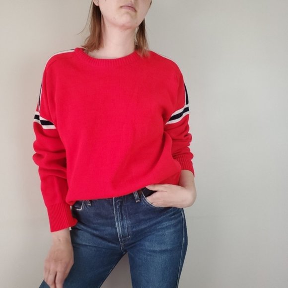 Sweaters - Vintage Red sweater with white navy stripes on sleeve and shoulder, acry…